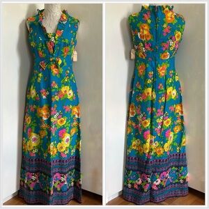 NWT Vintage 60's KAREN ANN Teal Blue Hawaiian Floral Print Maxi Dress Sz 12